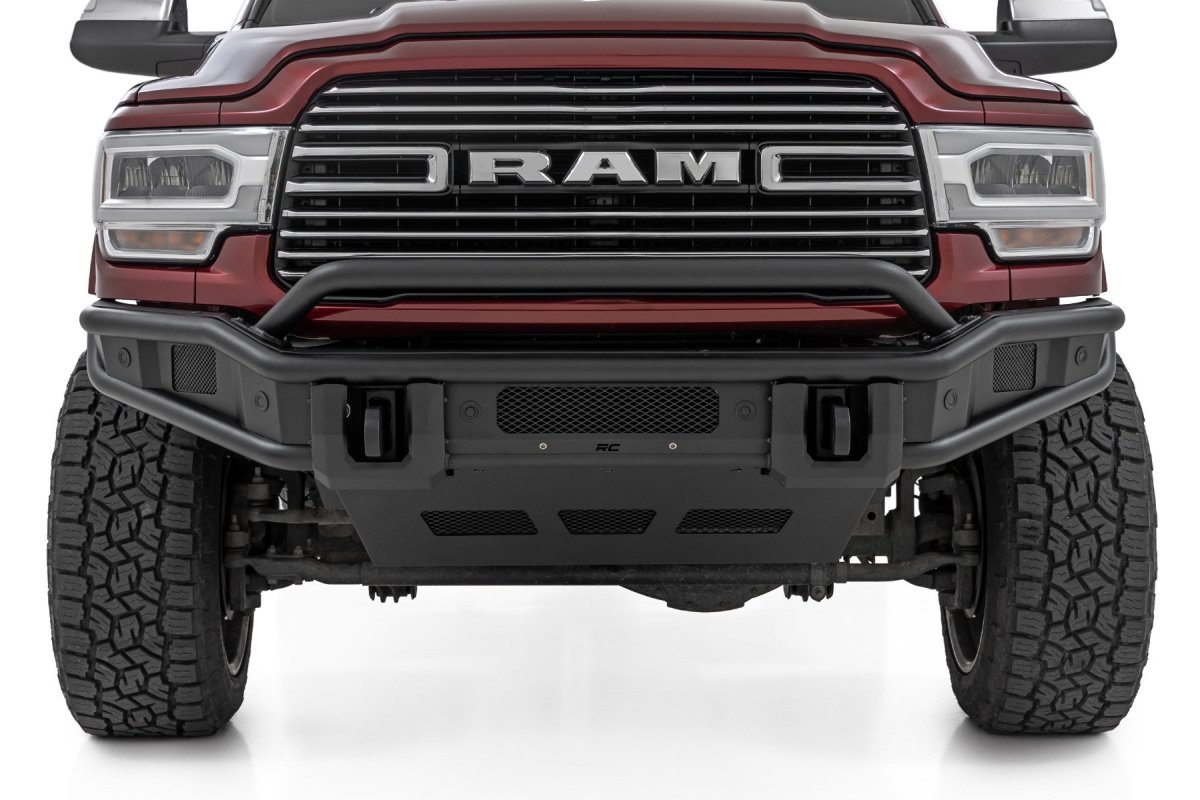 Ram 2500 Bumper - Front - Rough Country - Tubular with Stinger Bar, Integrated Skid Plate, 4.75-ton D-Ring Mounts, Light Bar Mount - Satin Black - '19-'26
